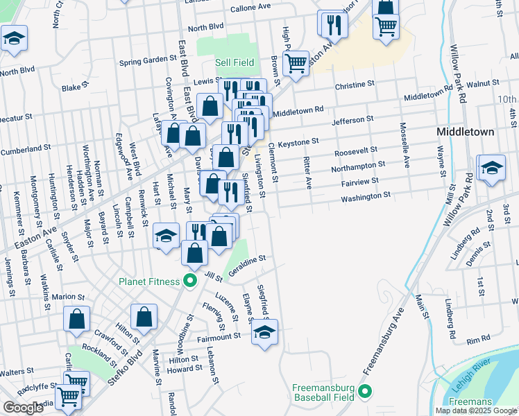 map of restaurants, bars, coffee shops, grocery stores, and more near 1963 Livingston Street in Bethlehem