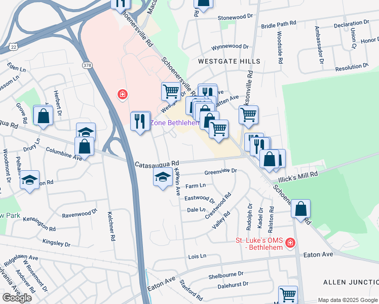 map of restaurants, bars, coffee shops, grocery stores, and more near 2031 Westfield Terrace in Bethlehem