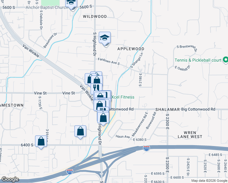 map of restaurants, bars, coffee shops, grocery stores, and more near 6060 South 2075 East in Holladay