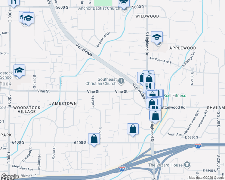 map of restaurants, bars, coffee shops, grocery stores, and more near 1824 South Norma Circle in Murray