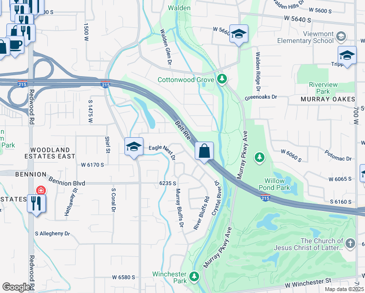 map of restaurants, bars, coffee shops, grocery stores, and more near 1186 West Crystal River Drive in Murray