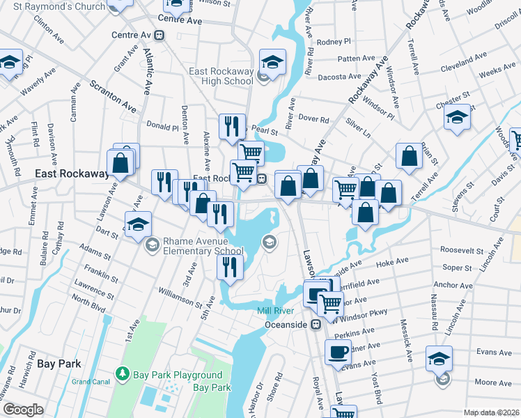 map of restaurants, bars, coffee shops, grocery stores, and more near 53 Station Plaza in Oceanside