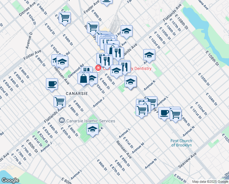 map of restaurants, bars, coffee shops, grocery stores, and more near 9501 Avenue J in Brooklyn