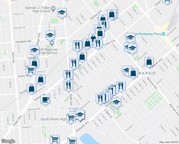 map of restaurants, bars, coffee shops, grocery stores, and more near 557 East 83rd Street in Brooklyn