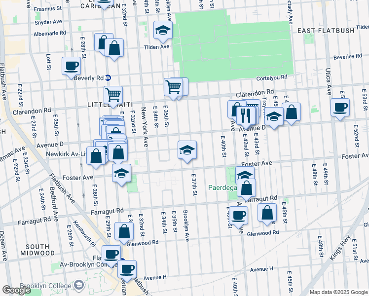 map of restaurants, bars, coffee shops, grocery stores, and more near 1319 Brooklyn Avenue in Brooklyn