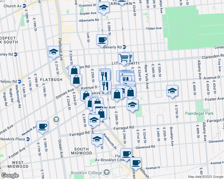 map of restaurants, bars, coffee shops, grocery stores, and more near 2811 Avenue D in Brooklyn