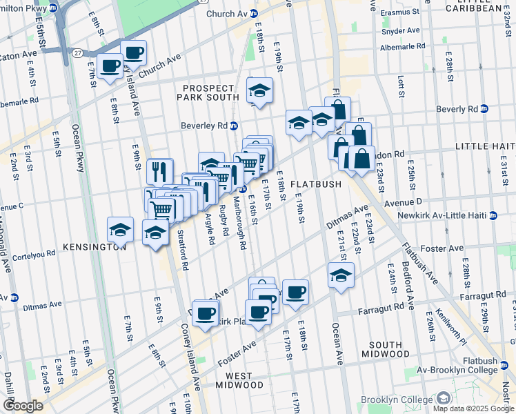 map of restaurants, bars, coffee shops, grocery stores, and more near 390 East 16th Street in Brooklyn