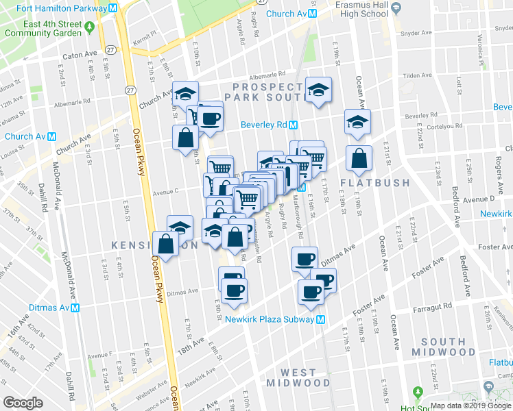 map of restaurants, bars, coffee shops, grocery stores, and more near 1201 Cortelyou Road in Brooklyn