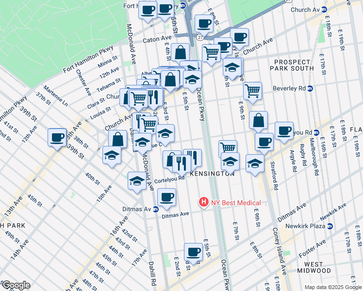 map of restaurants, bars, coffee shops, grocery stores, and more near 433 East 4th Street in Brooklyn