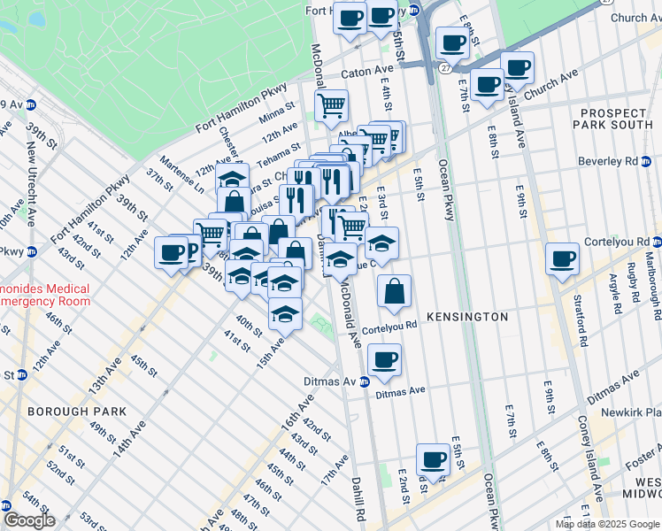 map of restaurants, bars, coffee shops, grocery stores, and more near 261 Dahill Road in Brooklyn