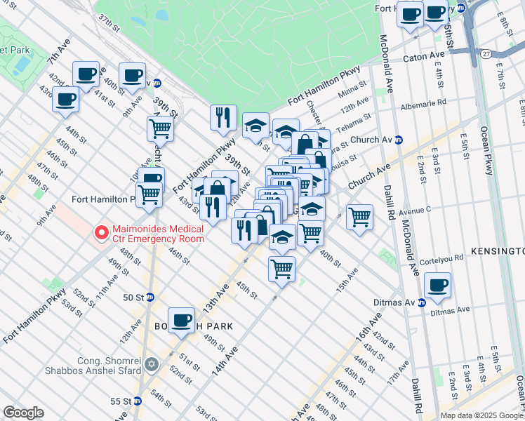 map of restaurants, bars, coffee shops, grocery stores, and more near 1238 39th Street in Brooklyn