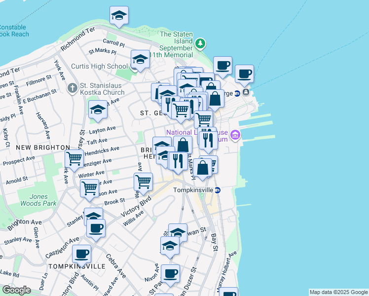map of restaurants, bars, coffee shops, grocery stores, and more near 26 Central Avenue in Staten Island