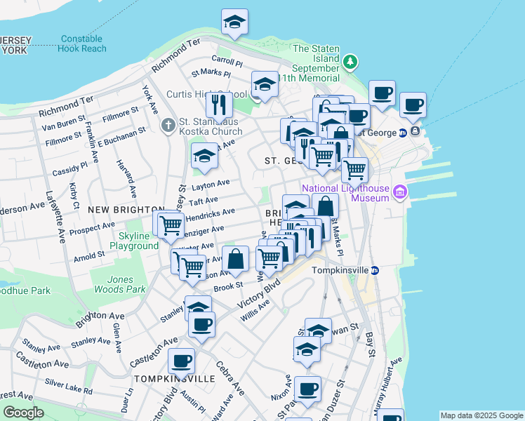 map of restaurants, bars, coffee shops, grocery stores, and more near 30 Fort Hill Park in Staten Island