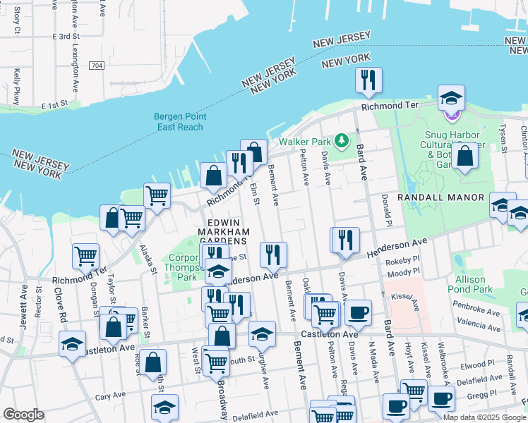 map of restaurants, bars, coffee shops, grocery stores, and more near 68 Bement Avenue in Staten Island