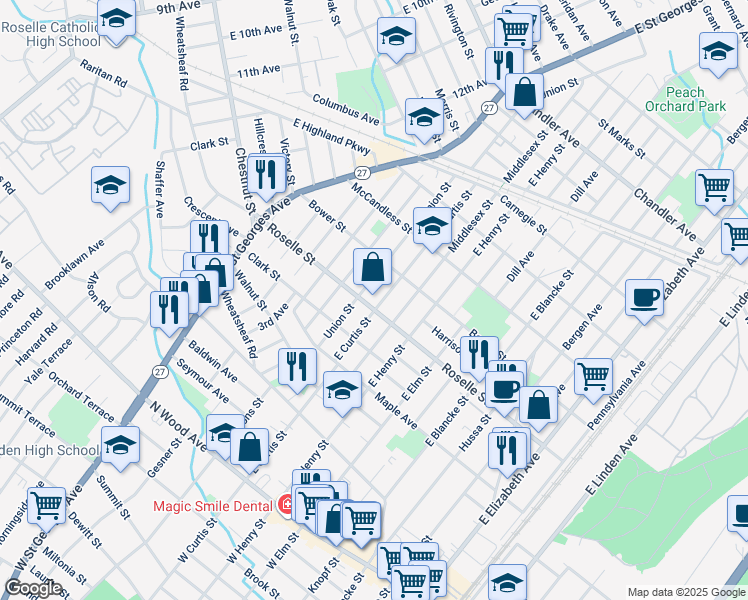 map of restaurants, bars, coffee shops, grocery stores, and more near 614 Union Street in Linden