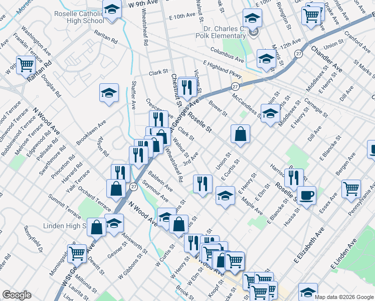 map of restaurants, bars, coffee shops, grocery stores, and more near 417 4th Avenue in Linden
