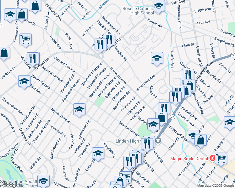 map of restaurants, bars, coffee shops, grocery stores, and more near 33 Edgewood Road in Linden