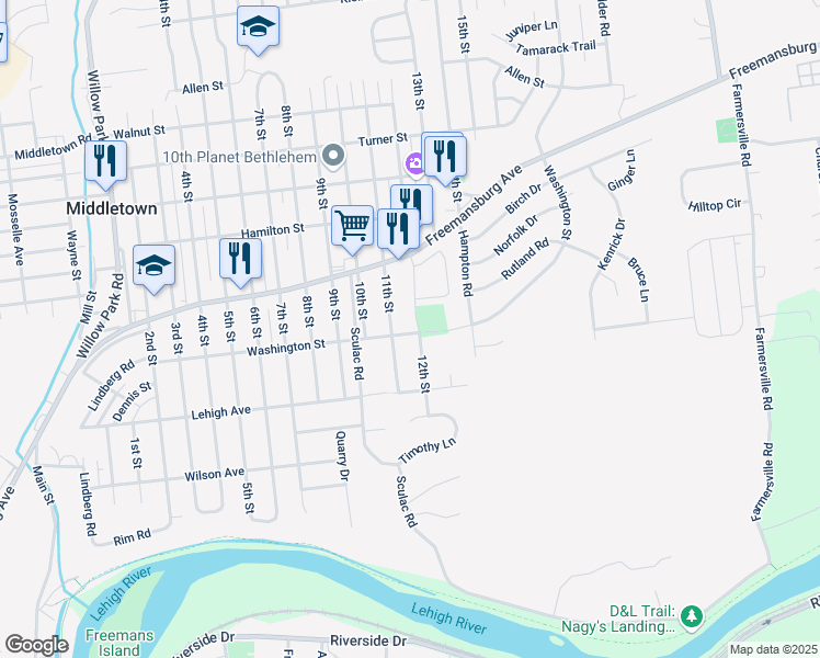 map of restaurants, bars, coffee shops, grocery stores, and more near 1726 11th Street in Bethlehem