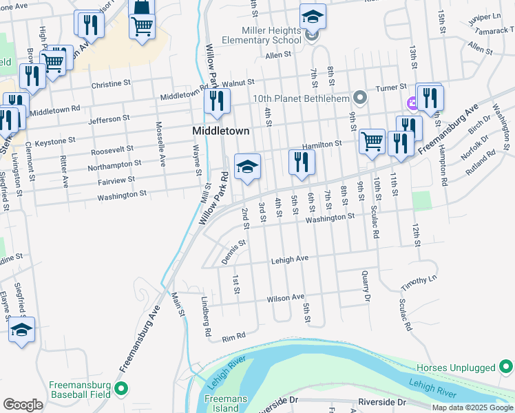 map of restaurants, bars, coffee shops, grocery stores, and more near 3323 Freemansburg Avenue in Bethlehem