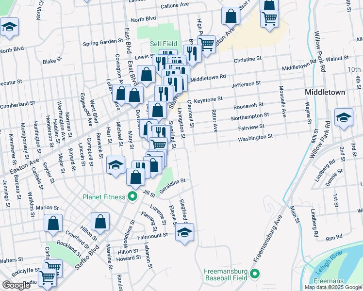map of restaurants, bars, coffee shops, grocery stores, and more near 1963 Livingston Street in Bethlehem