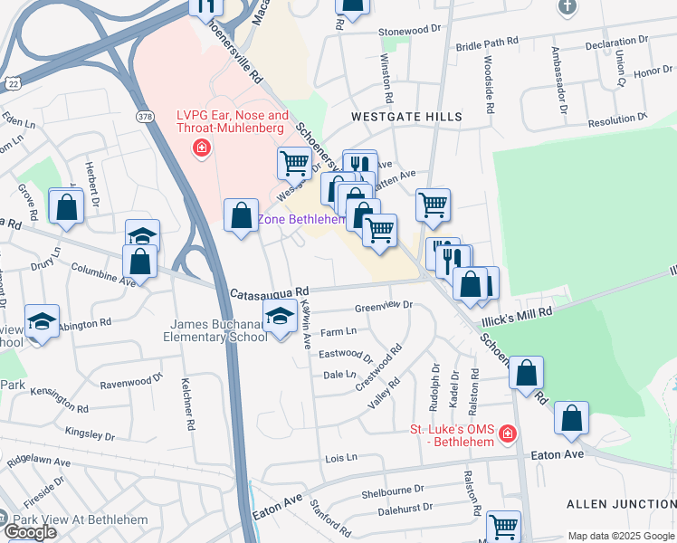 map of restaurants, bars, coffee shops, grocery stores, and more near 2285 Schoenersville Road in Bethlehem