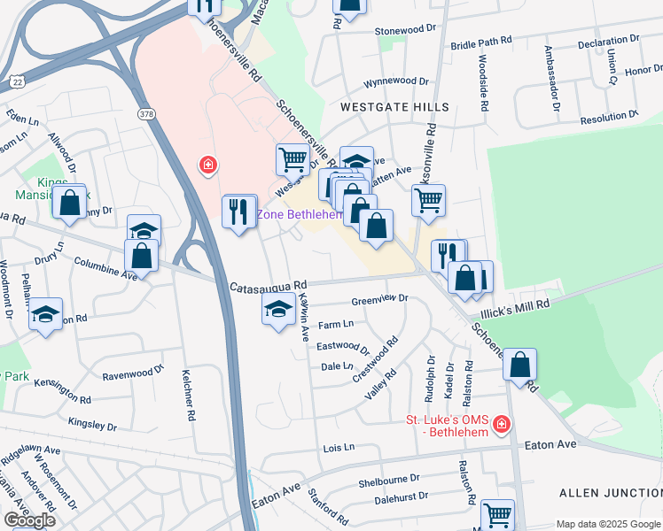 map of restaurants, bars, coffee shops, grocery stores, and more near 2031 Westfield Terrace in Bethlehem