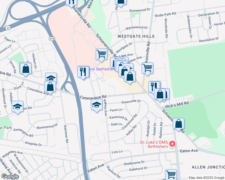 map of restaurants, bars, coffee shops, grocery stores, and more near 2031 Westfield Terrace in Bethlehem
