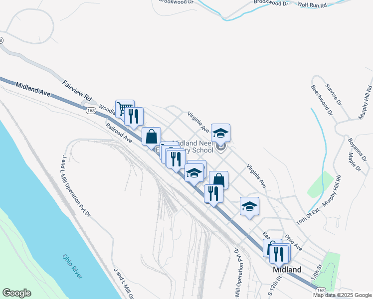 map of restaurants, bars, coffee shops, grocery stores, and more near 464 Penn Avenue in Midland