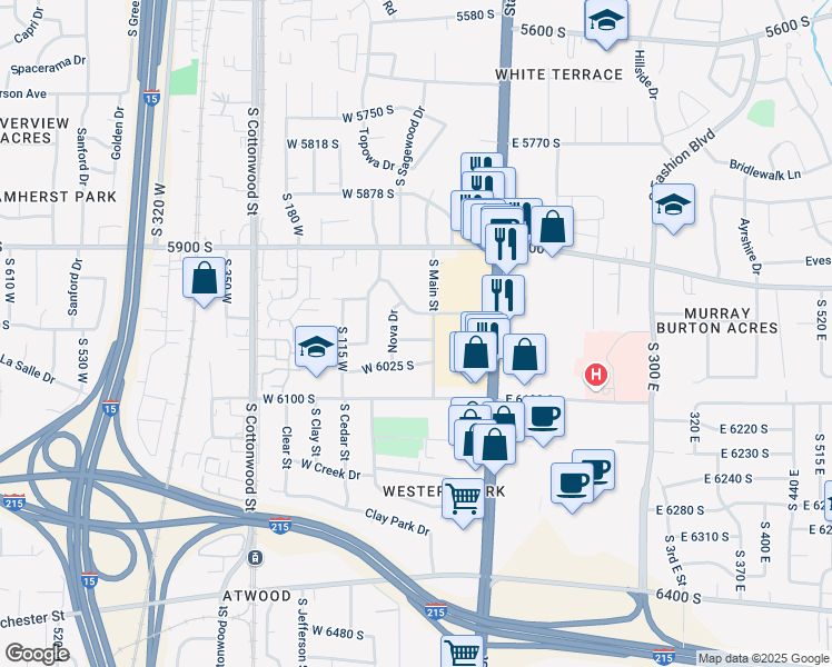 map of restaurants, bars, coffee shops, grocery stores, and more near 18 West 6000 South in Murray