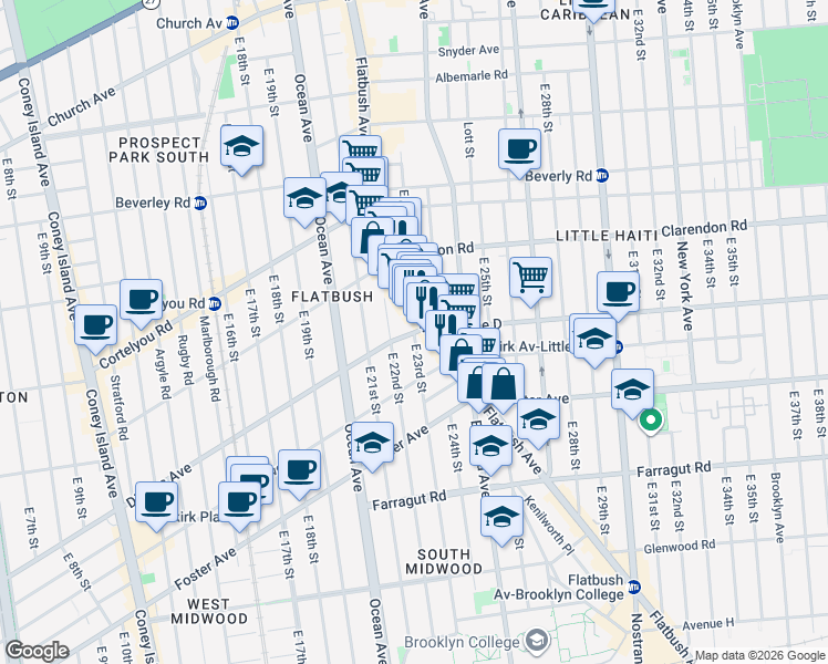 map of restaurants, bars, coffee shops, grocery stores, and more near E 23rd St & Ditmas Ave in Brooklyn