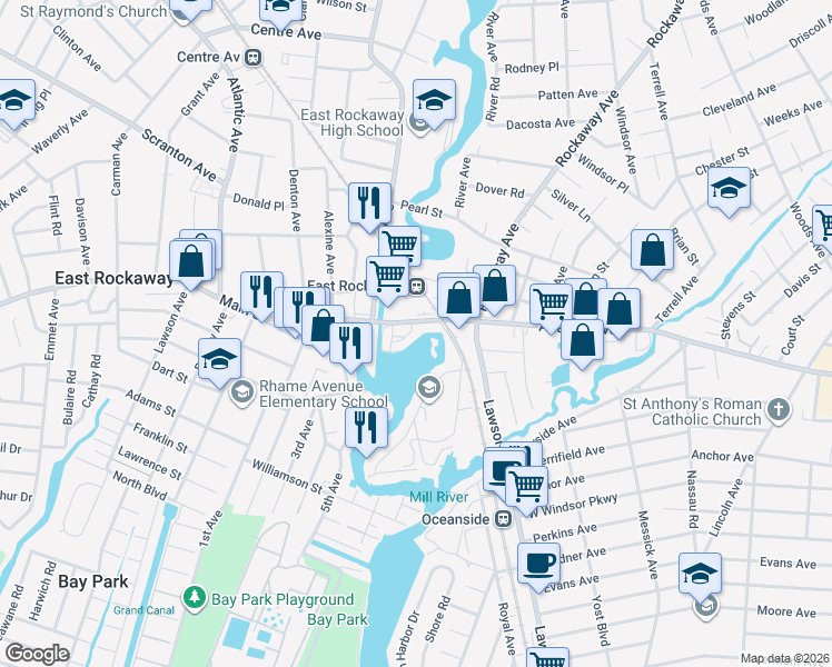 map of restaurants, bars, coffee shops, grocery stores, and more near 53 Station Plaza in Oceanside