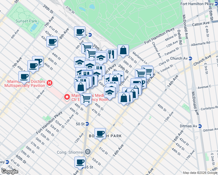 map of restaurants, bars, coffee shops, grocery stores, and more near 1128 42nd Street in Brooklyn