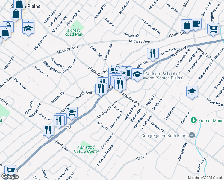 map of restaurants, bars, coffee shops, grocery stores, and more near in Fanwood
