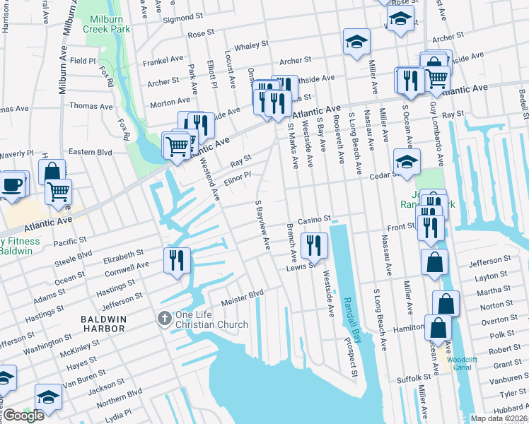 map of restaurants, bars, coffee shops, grocery stores, and more near 487 South Bayview Avenue in Freeport