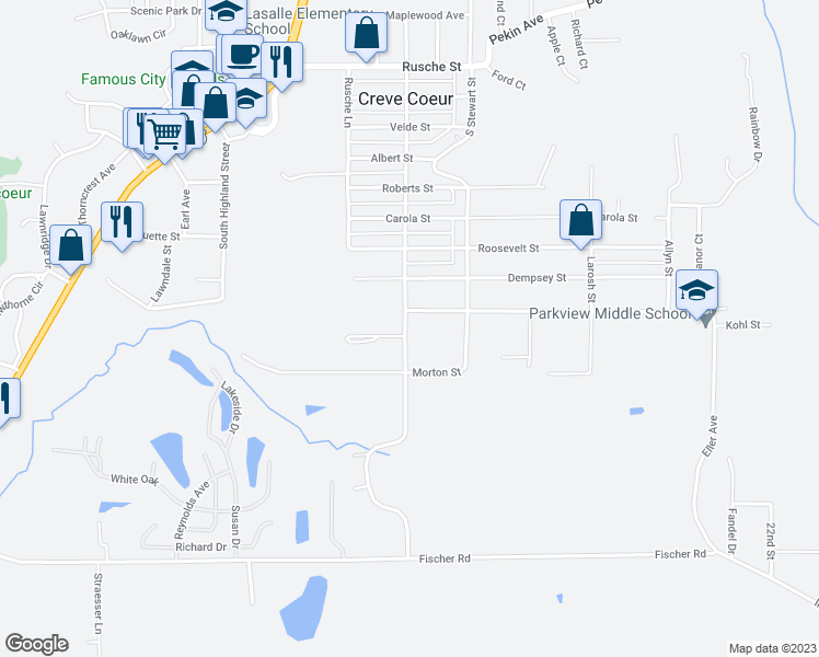 map of restaurants, bars, coffee shops, grocery stores, and more near 916 South Creve Coeur Avenue in Creve Coeur