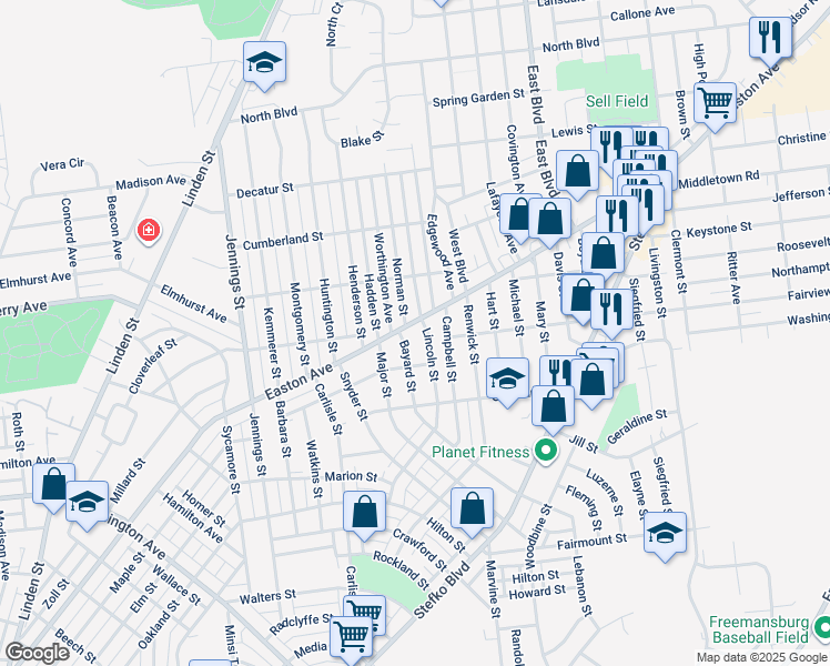 map of restaurants, bars, coffee shops, grocery stores, and more near 2134 Easton Avenue in Bethlehem