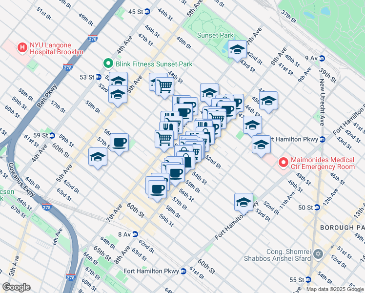 map of restaurants, bars, coffee shops, grocery stores, and more near 5205 7th Avenue in Brooklyn