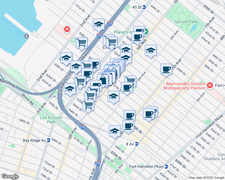 map of restaurants, bars, coffee shops, grocery stores, and more near 5606 5th Avenue in Brooklyn