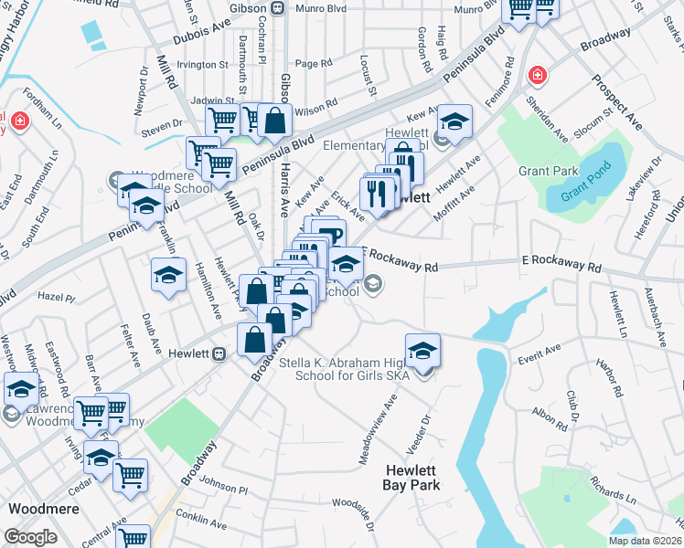 map of restaurants, bars, coffee shops, grocery stores, and more near 1385 West Broadway in Hewlett