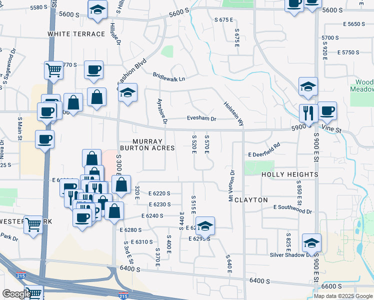 map of restaurants, bars, coffee shops, grocery stores, and more near 496 East 5980 South in Murray