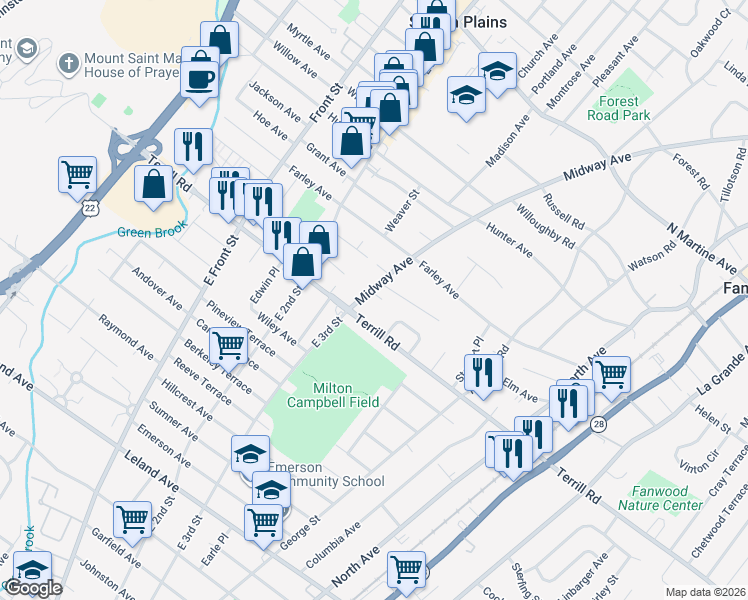 map of restaurants, bars, coffee shops, grocery stores, and more near 4 Paul Place in Fanwood