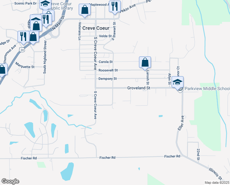 map of restaurants, bars, coffee shops, grocery stores, and more near 445-499 Groveland Street in Creve Coeur