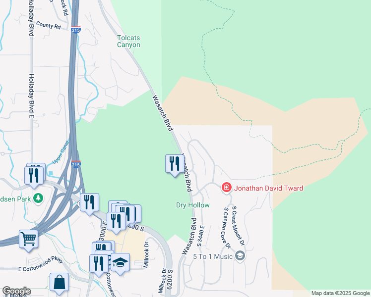 map of restaurants, bars, coffee shops, grocery stores, and more near 6078 South Heughs Canyon Way in Holladay