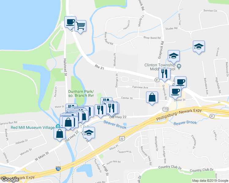 map of restaurants, bars, coffee shops, grocery stores, and more near 111 Center Street in Clinton