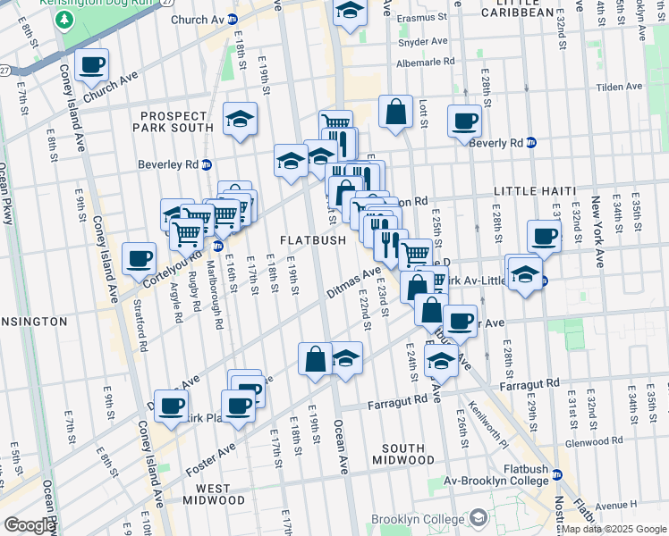 map of restaurants, bars, coffee shops, grocery stores, and more near 550 East 21st Street in Brooklyn