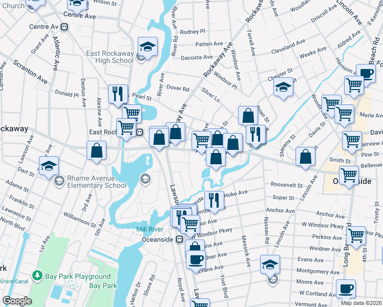 map of restaurants, bars, coffee shops, grocery stores, and more near 465 Atlantic Avenue in Oceanside