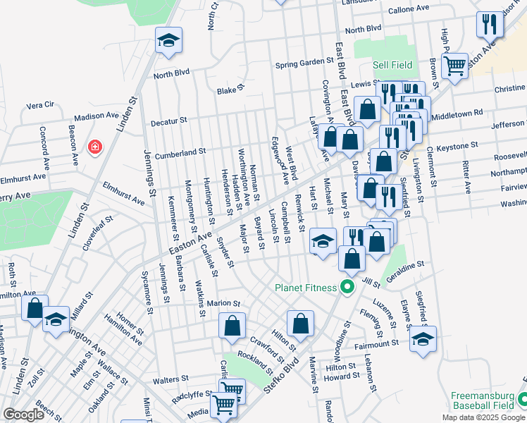 map of restaurants, bars, coffee shops, grocery stores, and more near 2134 Easton Avenue in Bethlehem