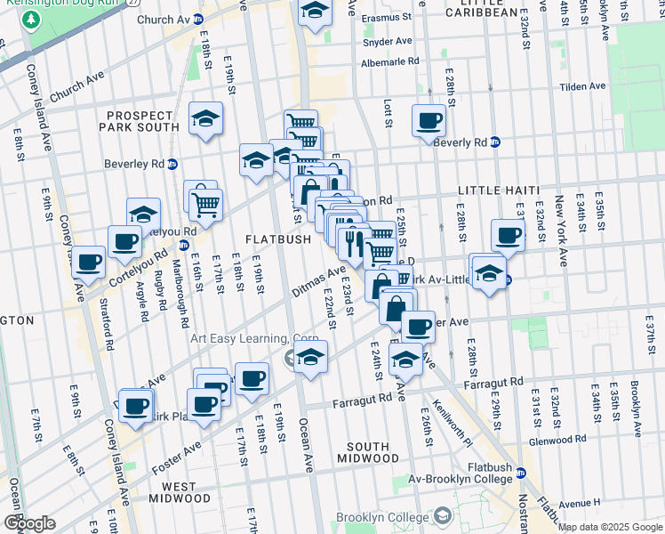 map of restaurants, bars, coffee shops, grocery stores, and more near 2211 Ditmas Avenue in Brooklyn