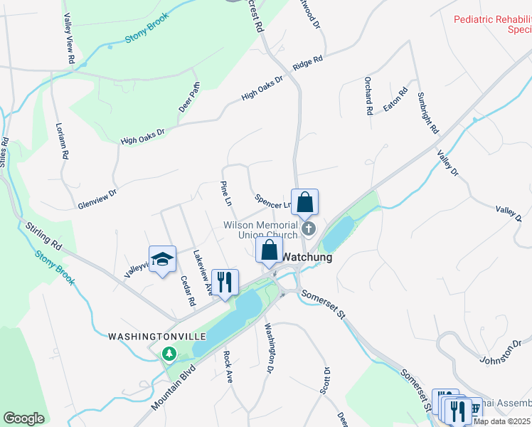 map of restaurants, bars, coffee shops, grocery stores, and more near 14 Fawn Lane in Watchung