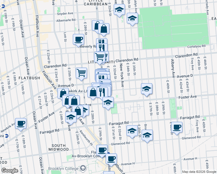 map of restaurants, bars, coffee shops, grocery stores, and more near 3113 Avenue D in Brooklyn
